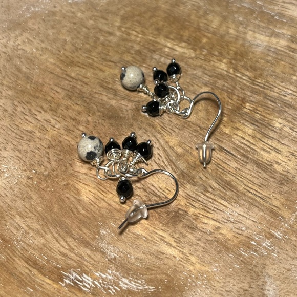 Dalmatian Jasper & Black Onyx 925 Sterling Silver Cluster Drop Dangle Earrings - Picture 5 of 8
